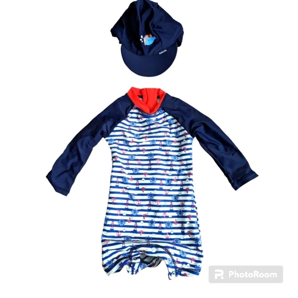 Baby One Piece Swimsuit with Sun Hat. 0-3 Months. Blue, Red, Whit…